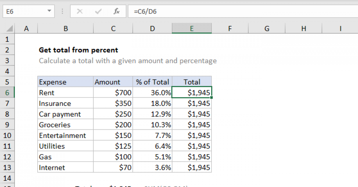 Get Total From Percent 0 